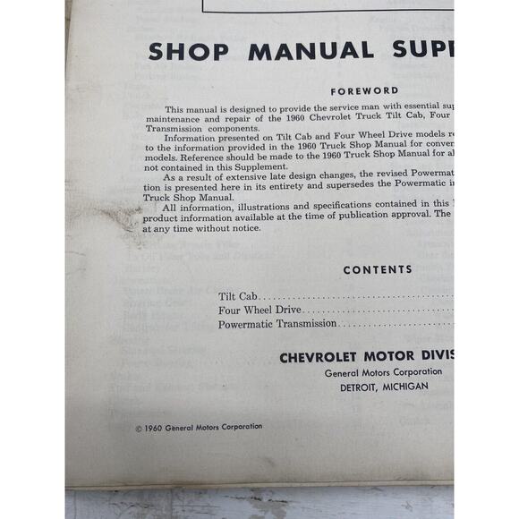 1960 Chevrolet Truck Shop Manual Supplement Tilt Cab Four Wheel Drive Power Tran - Picture 6 of 10